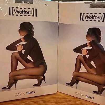 NEW Lot Of 2 Pair Wolford Carla Tights Flint Grey Gray Size MEDIUM 18735 NIP